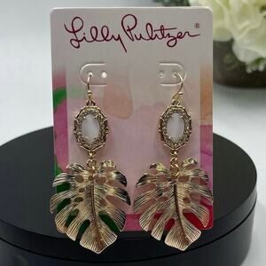 Lilly Pulitzer Palm Gold Metallic White Mother of Pearl Dangle Earring New